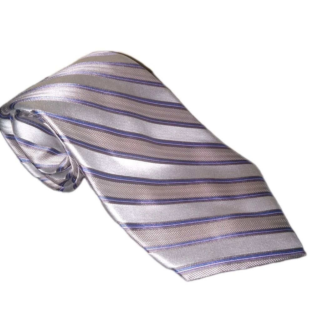 Paul Dione Mens Tie Blue Tan & Purple Diagonal Striped Silk Necktie‎ 56" X 3.5"